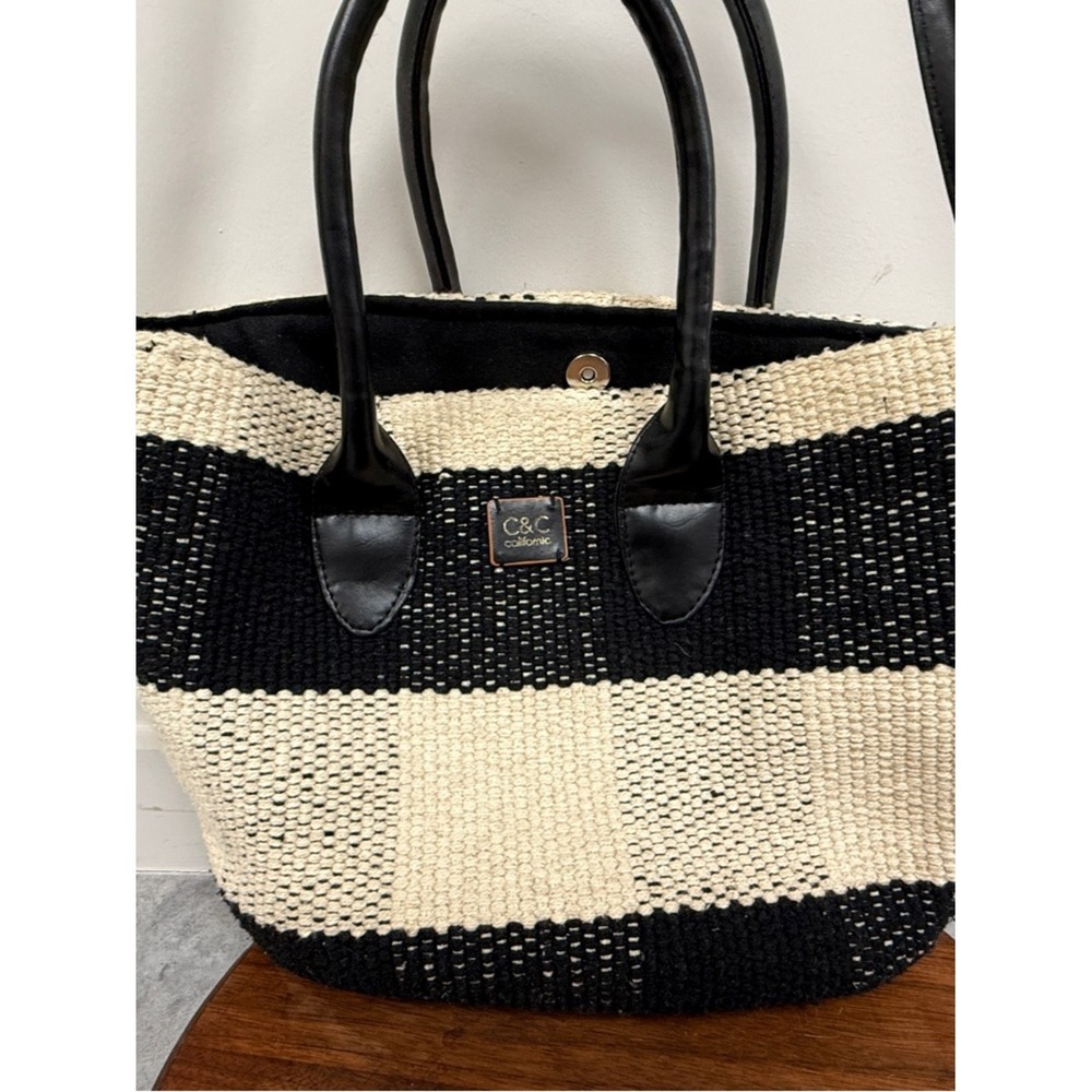 C&C California Black and Cream Striped Woven Tote with Adjustable Shoulder Strap - Picture 4 of 11